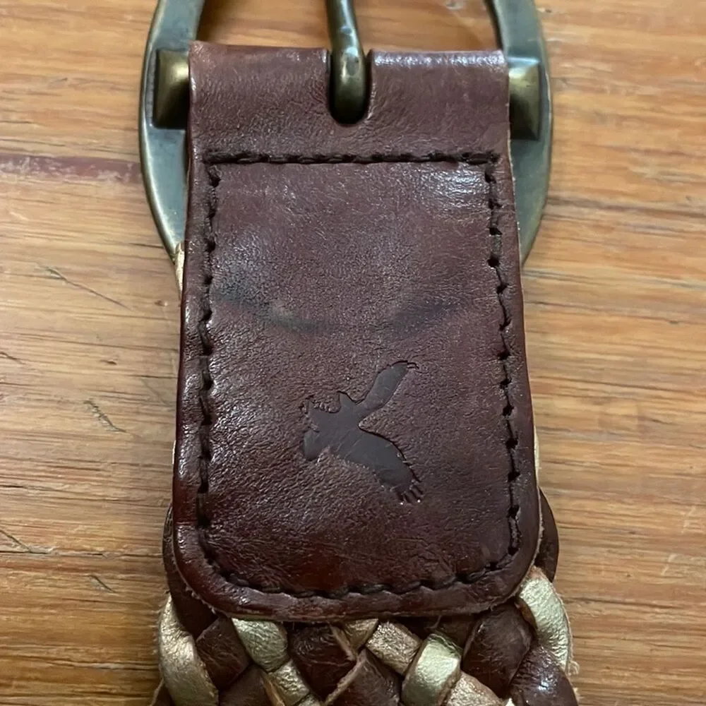 American Eagle Braided Leather Belt Brown Gold Oval Buckle Womens S/M